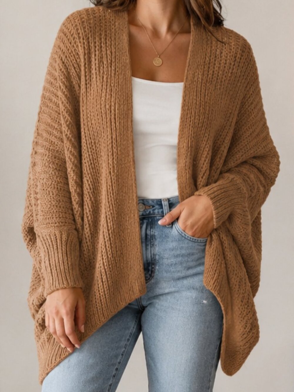 Debut Women’s Open-Front Knit Cardigan – Size S/M – Camel Brown